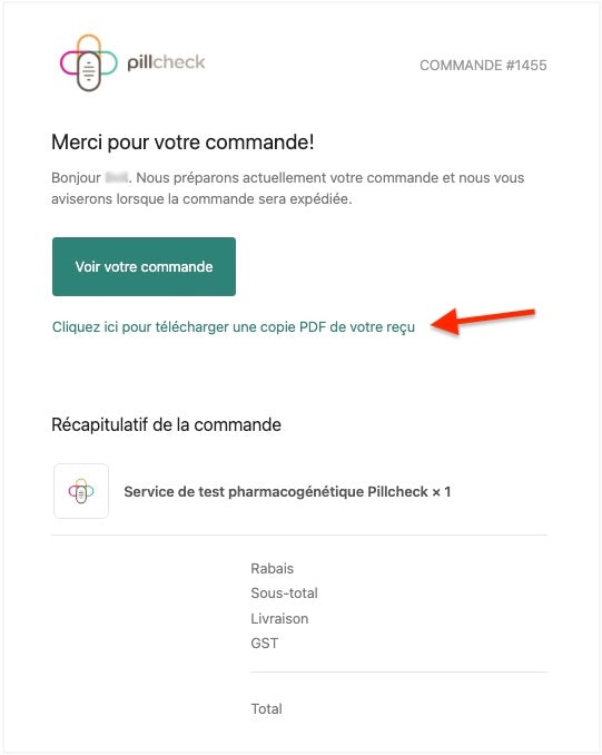 Exemple de courriel de confirmation de commande Bell